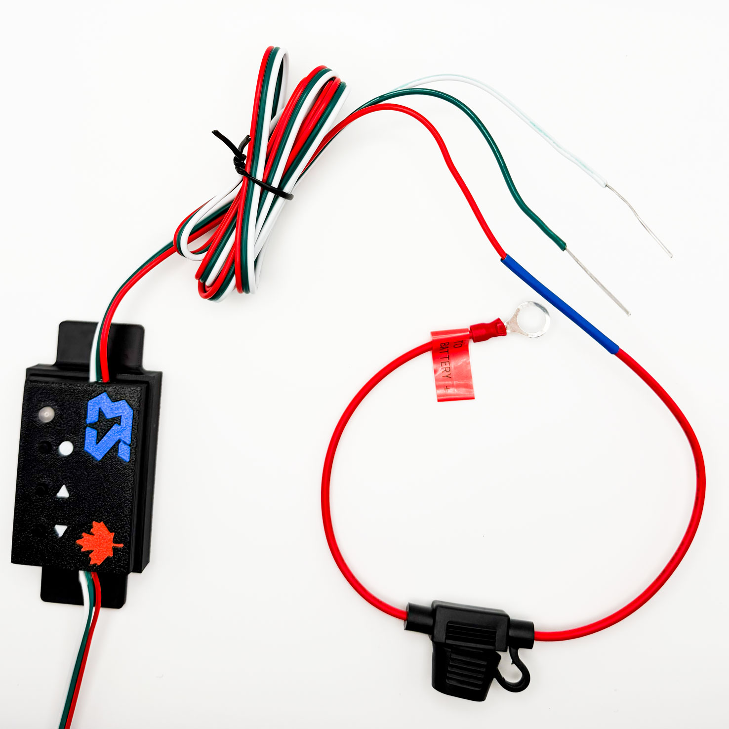Inline fuse holder joined to the controller power wire, with the battery positive ring terminal